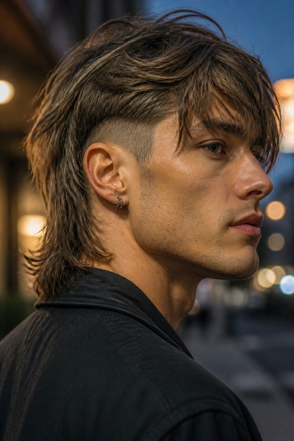 Close-up portrait of a real person with an undercut forest elvish shag mullet