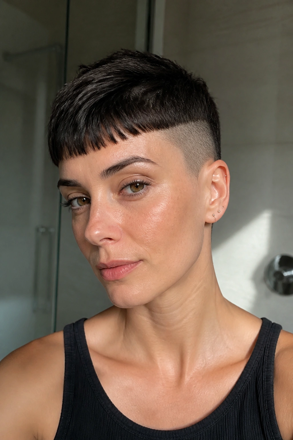 Close-up portrait of a person with a short fringe and visible undercut