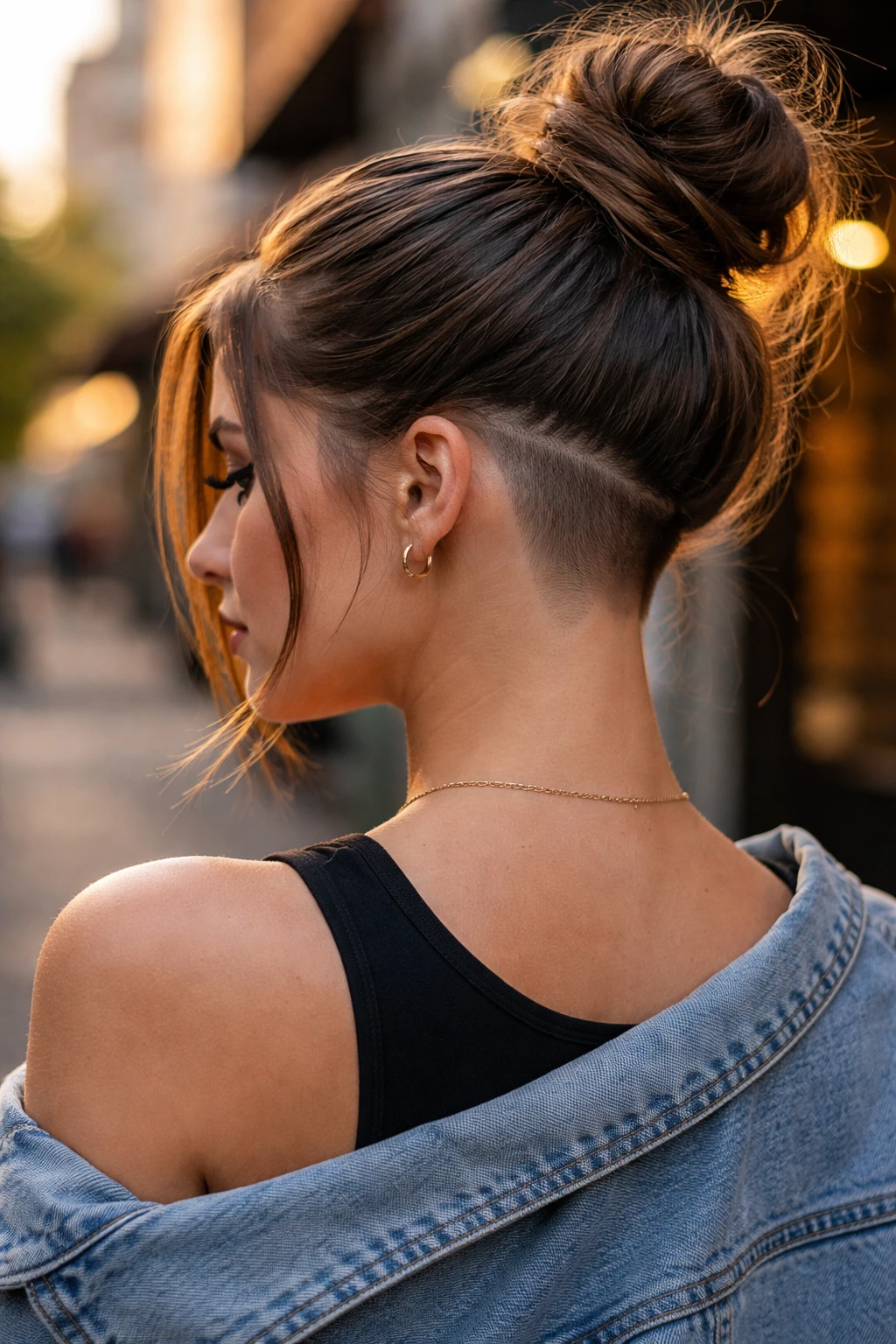 Close-up of a real girl with an undercut at the nape visible