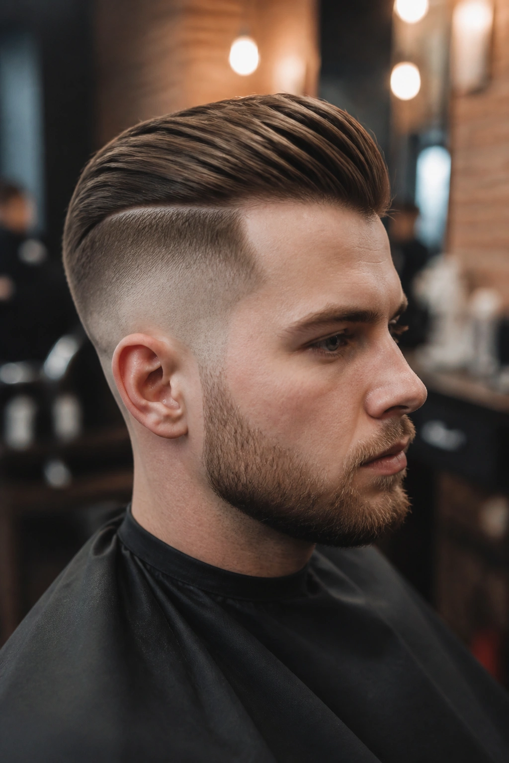 Close-up portrait of a man with a classic disconnected undercut showing a sharp side-to-top contrast.