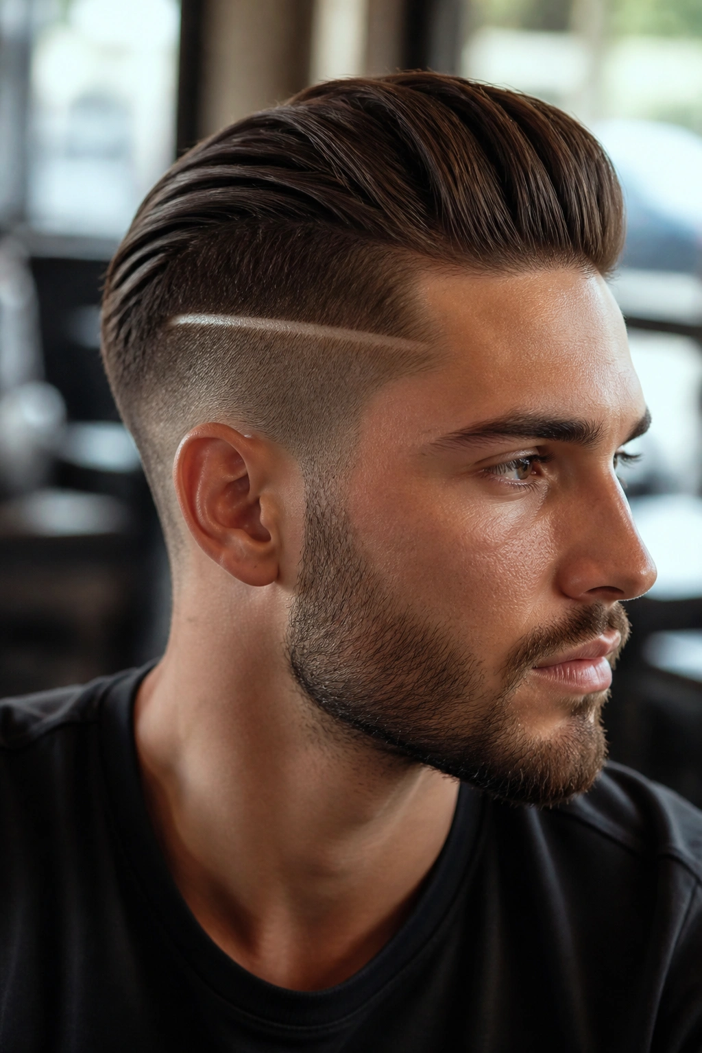 Close-up portrait of a man with a disconnected undercut and a clean hard line on the sides, top swept back