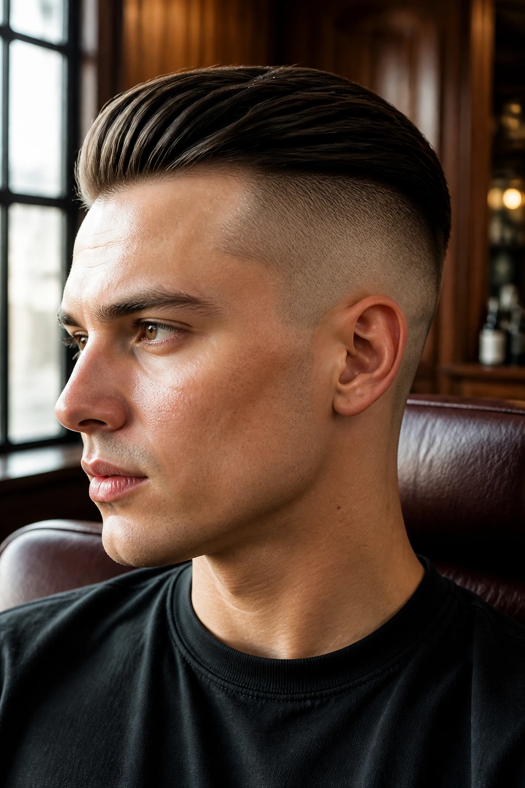 Close-up of a man with a sharp undercut, long top and shaved sides.