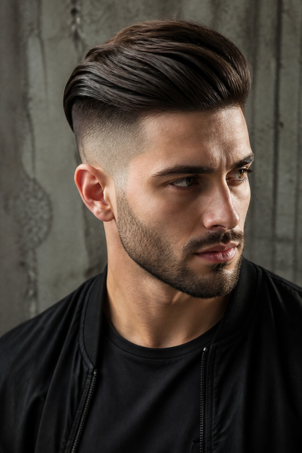 Portrait of a man with an undercut hairstyle against a concrete wall