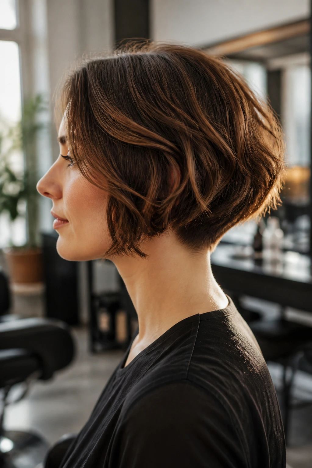 Real woman side profile with hidden nape undercut bob
