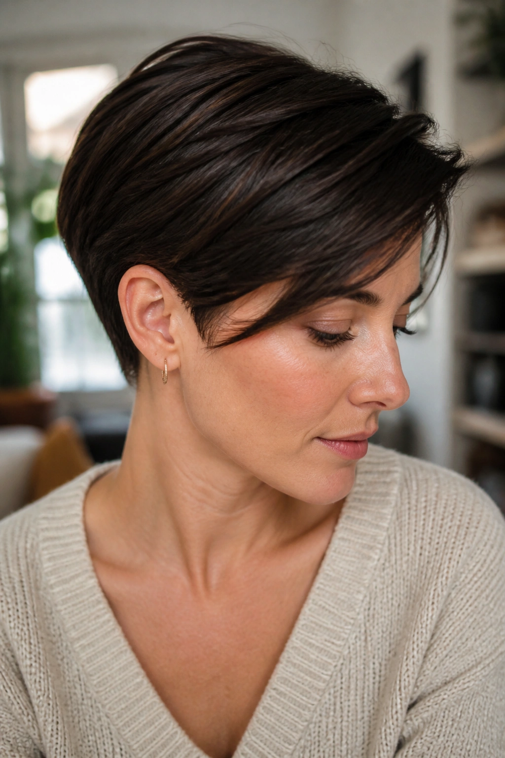 Close-up portrait of a real person with Hidden Undercut Long Pixie hairstyle.