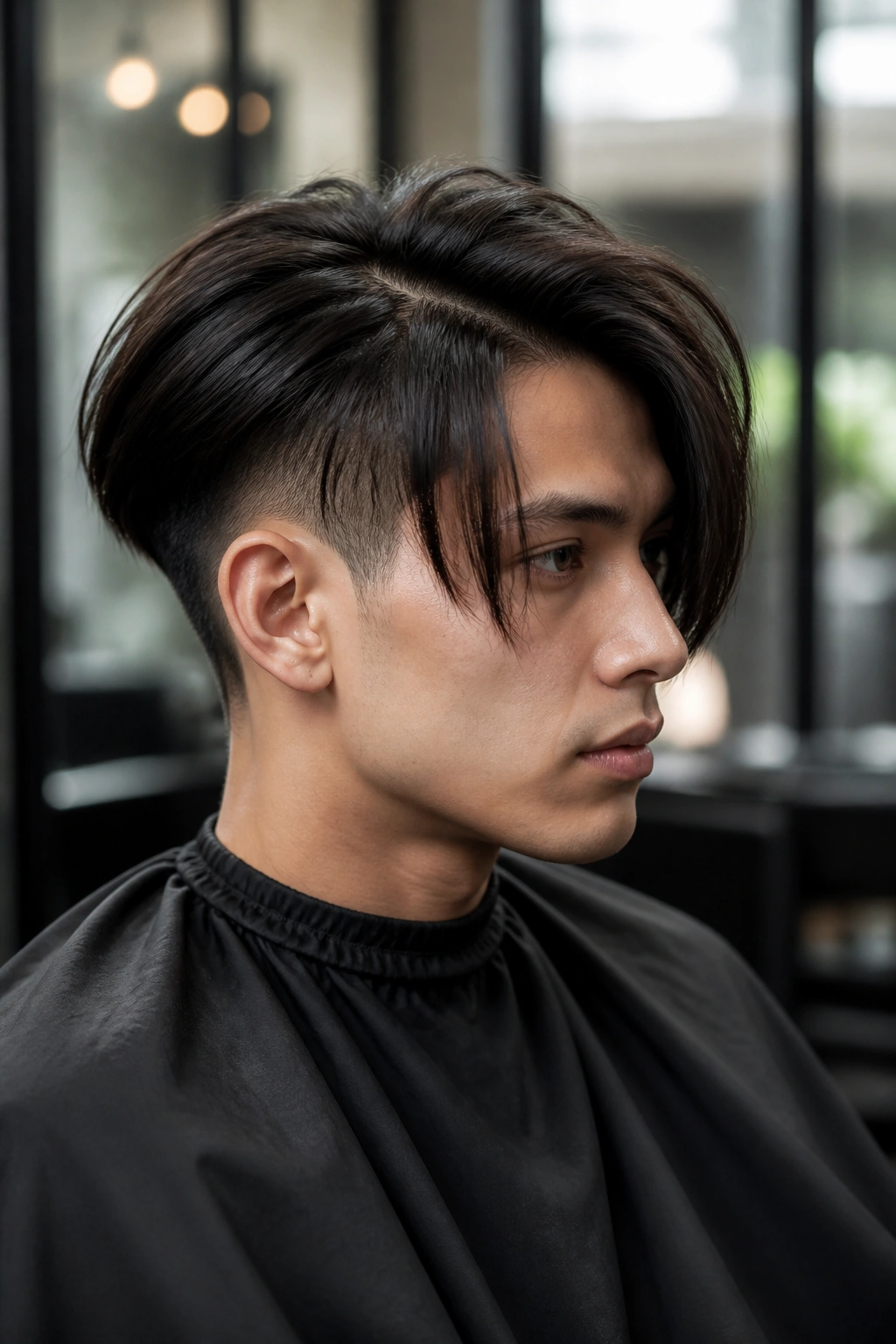 Portrait of man with undercut inverted bob in modern salon