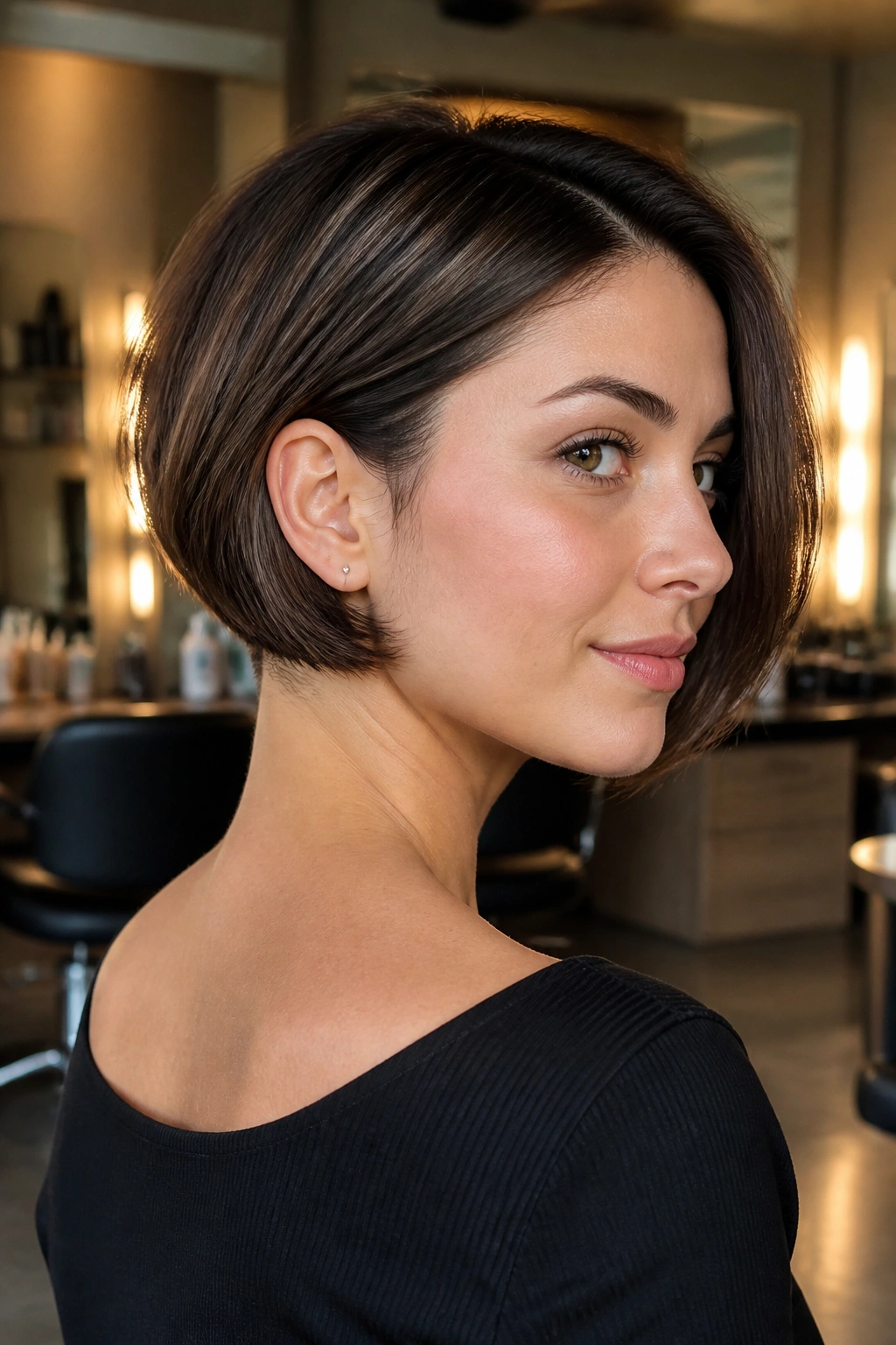Close-up of a real woman with a subtle nape undercut and lifted top in a warm salon setting.