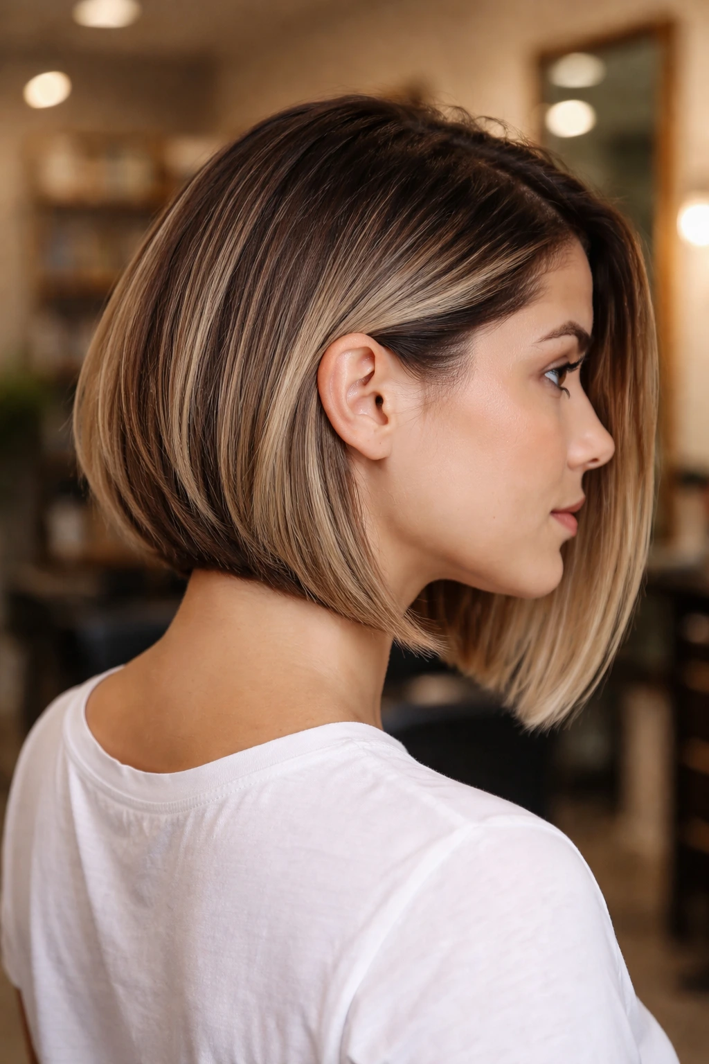 Side-profile of woman with lob and visible nape undercut