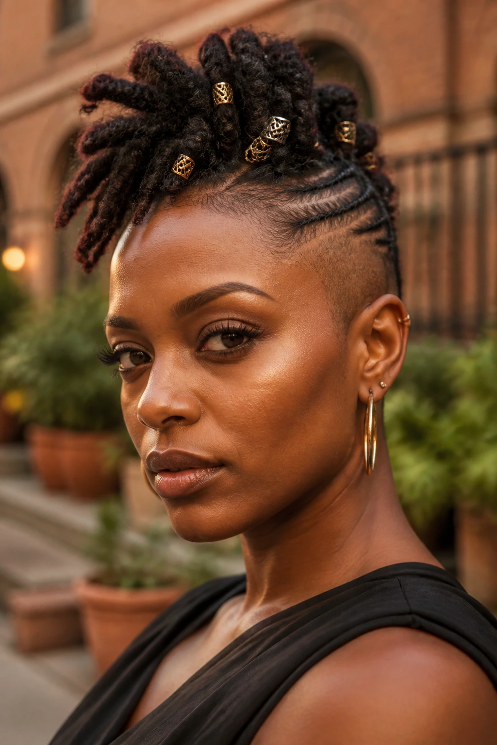 Close-up portrait of a real Black woman with locs in an undercut Mohawk, sides shaved, urban golden hour lighting