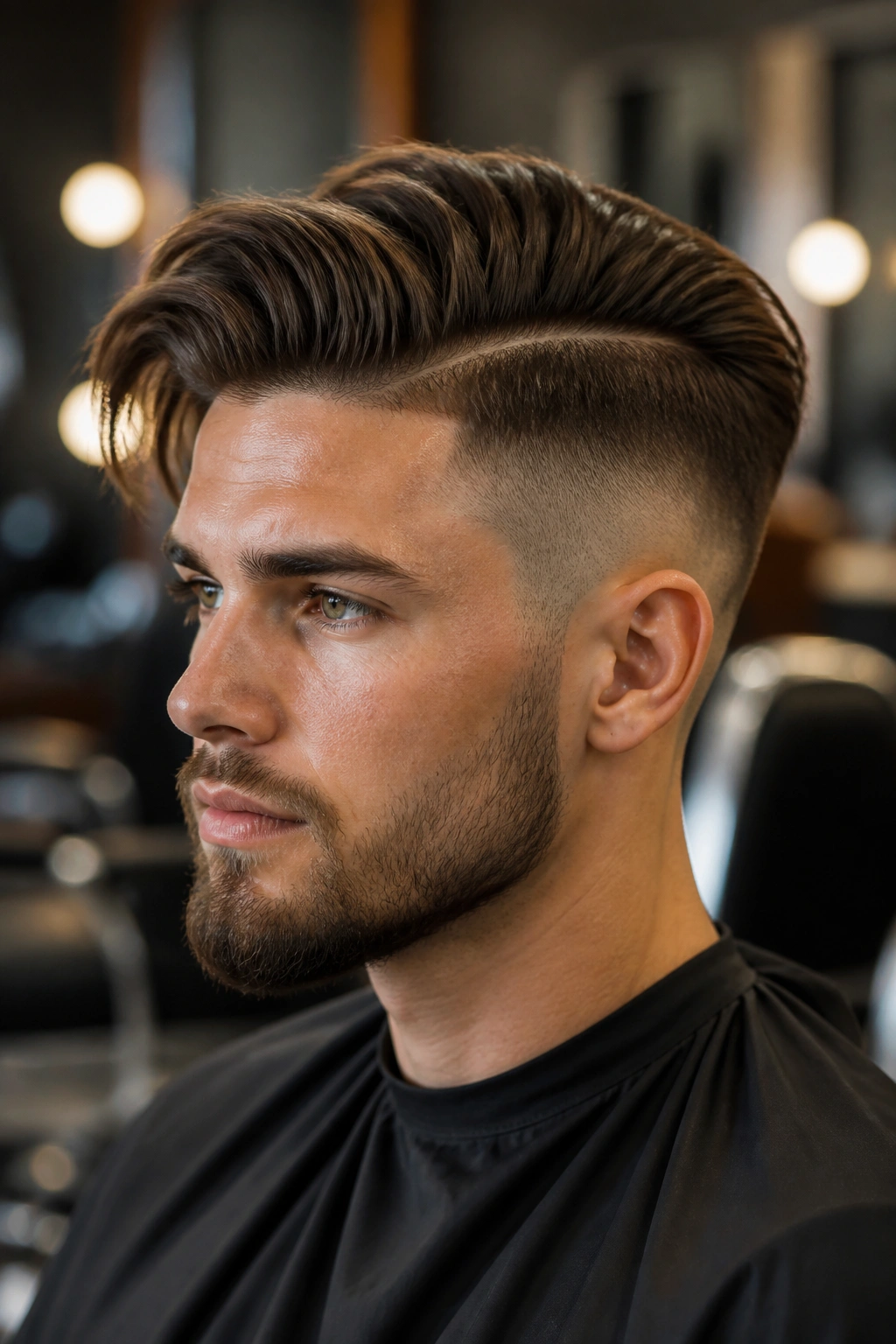 Medium close-up of a man showing a crisp undercut with a long top