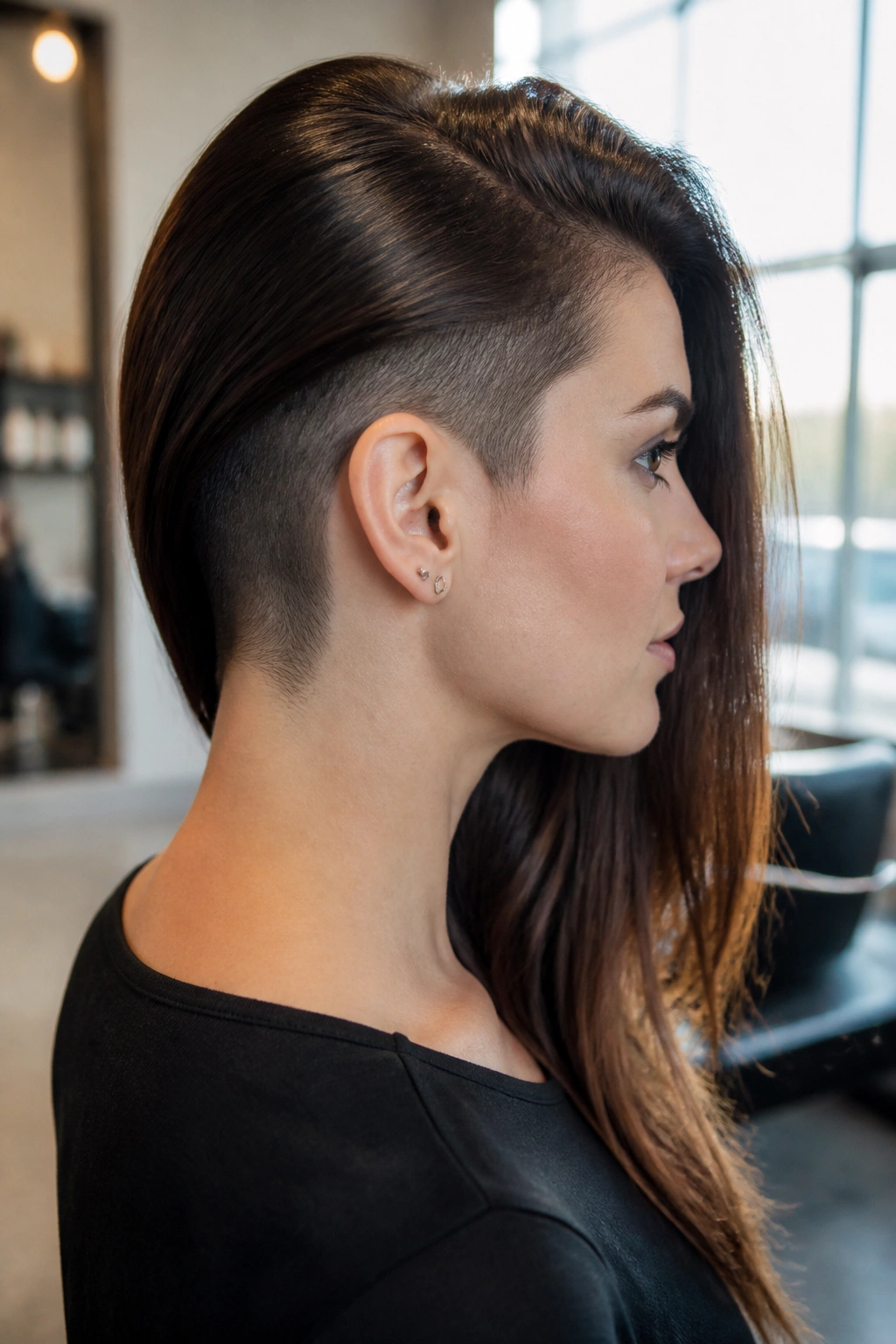 Side-profile of a woman with long hair and an undercut at the nape
