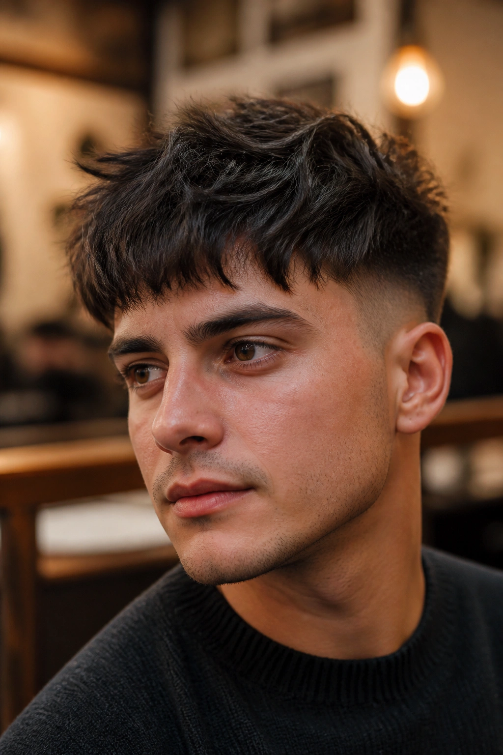 Close-up of a real man with a messy fringe undercut in a cozy cafe
