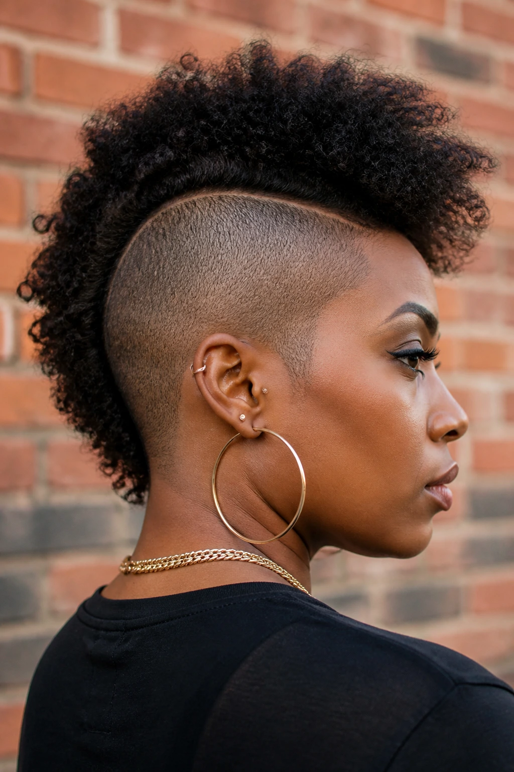 Side-angle close-up of a Black woman with an undercut mohawk