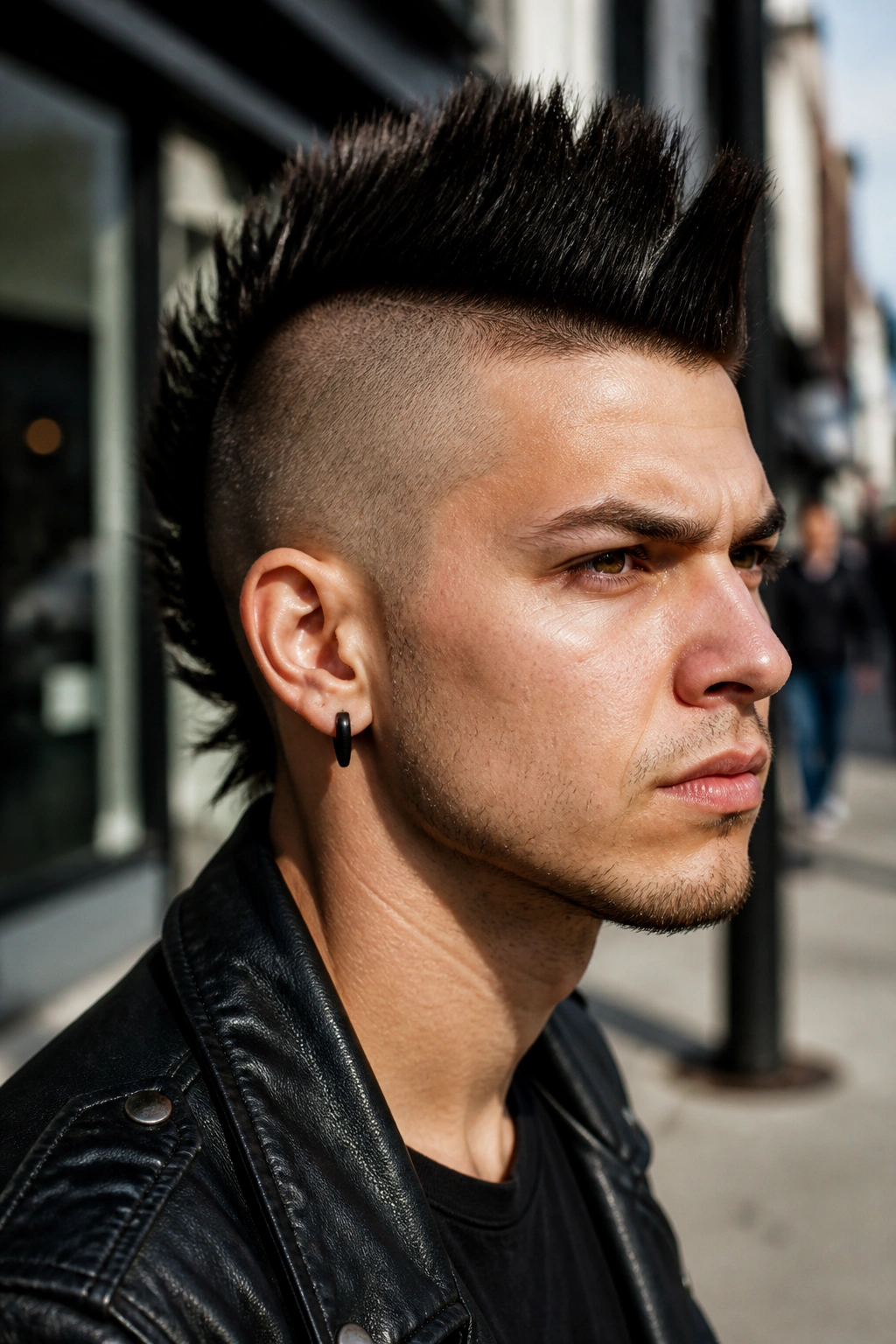 Portrait of a real person with a bold Mohawk undercut, central strip and shaved sides.