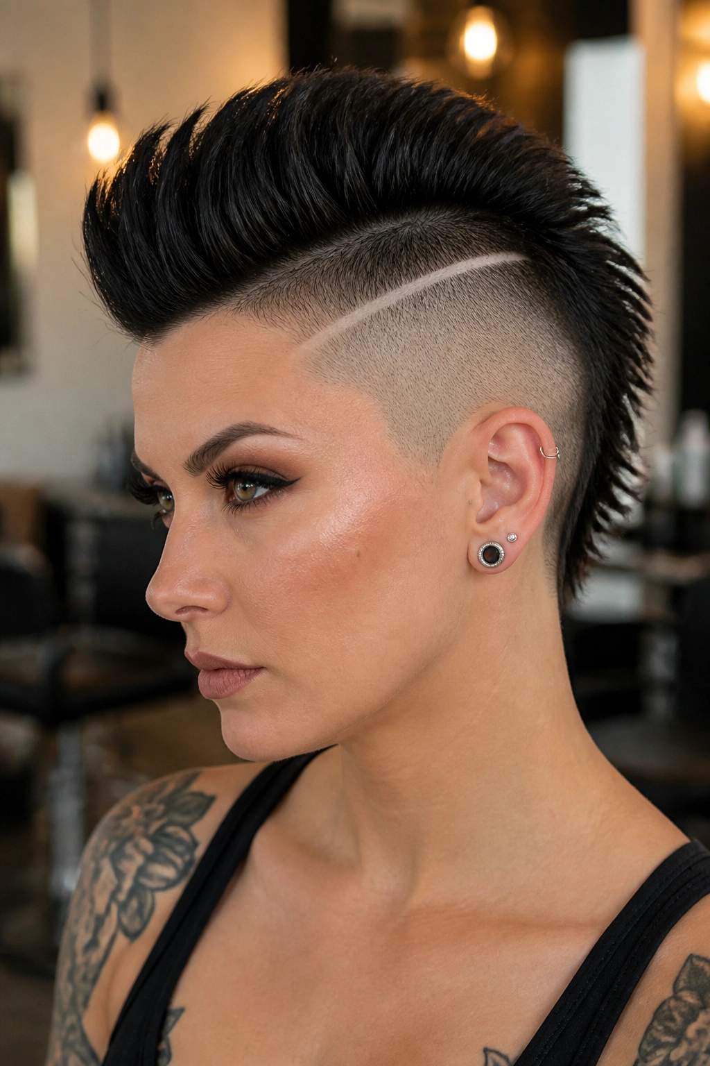 Close-up portrait of a real woman with an undercut mohawk and razor line.