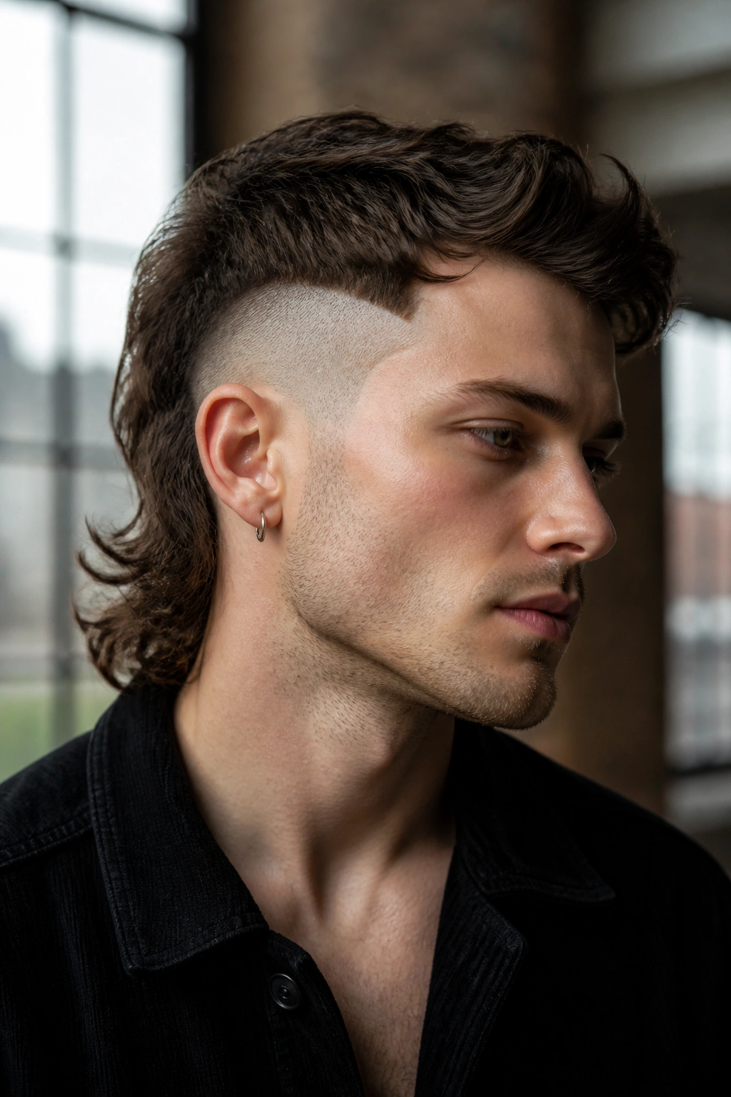 Close-up of a man with an undercut mullet and hard edge