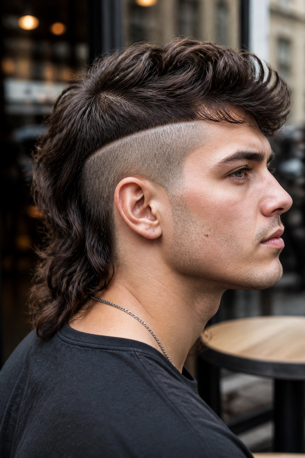 Close-up portrait of a real person with Undercut Mullet hairstyle showing sharp top-to-sides contrast.