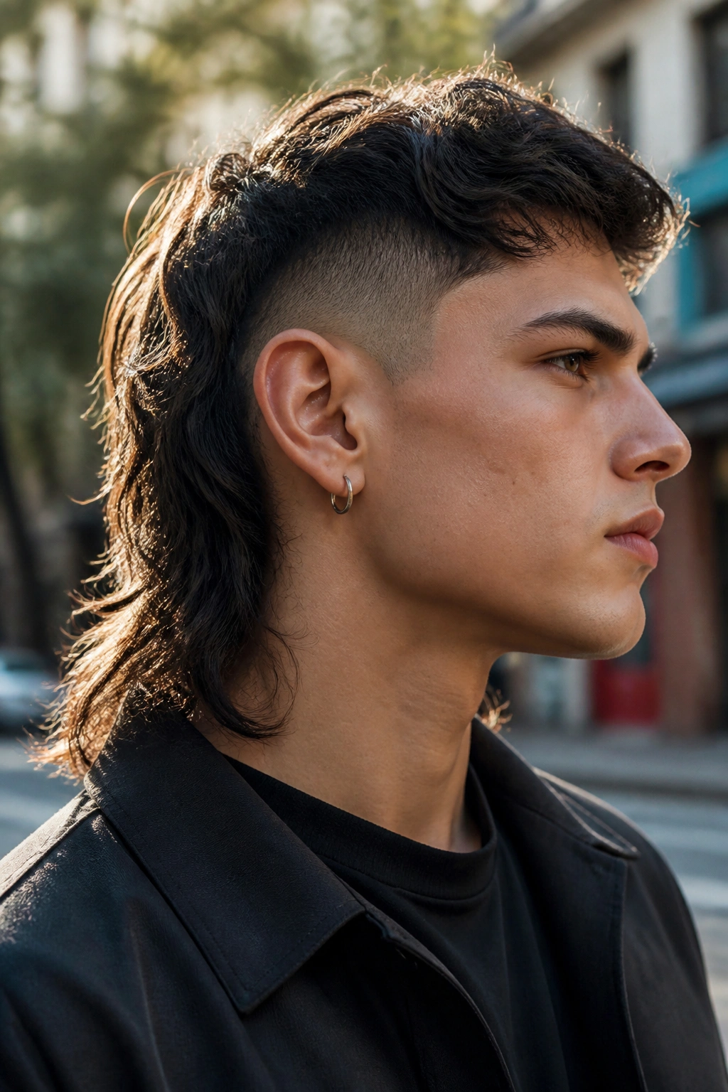 Portrait of a real person with a mullet undercut in an outdoor setting.
