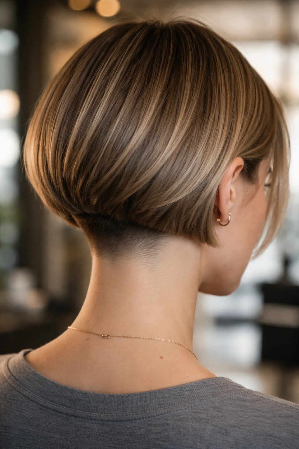 Close-up portrait of a real person with an undercut nape bob in a salon