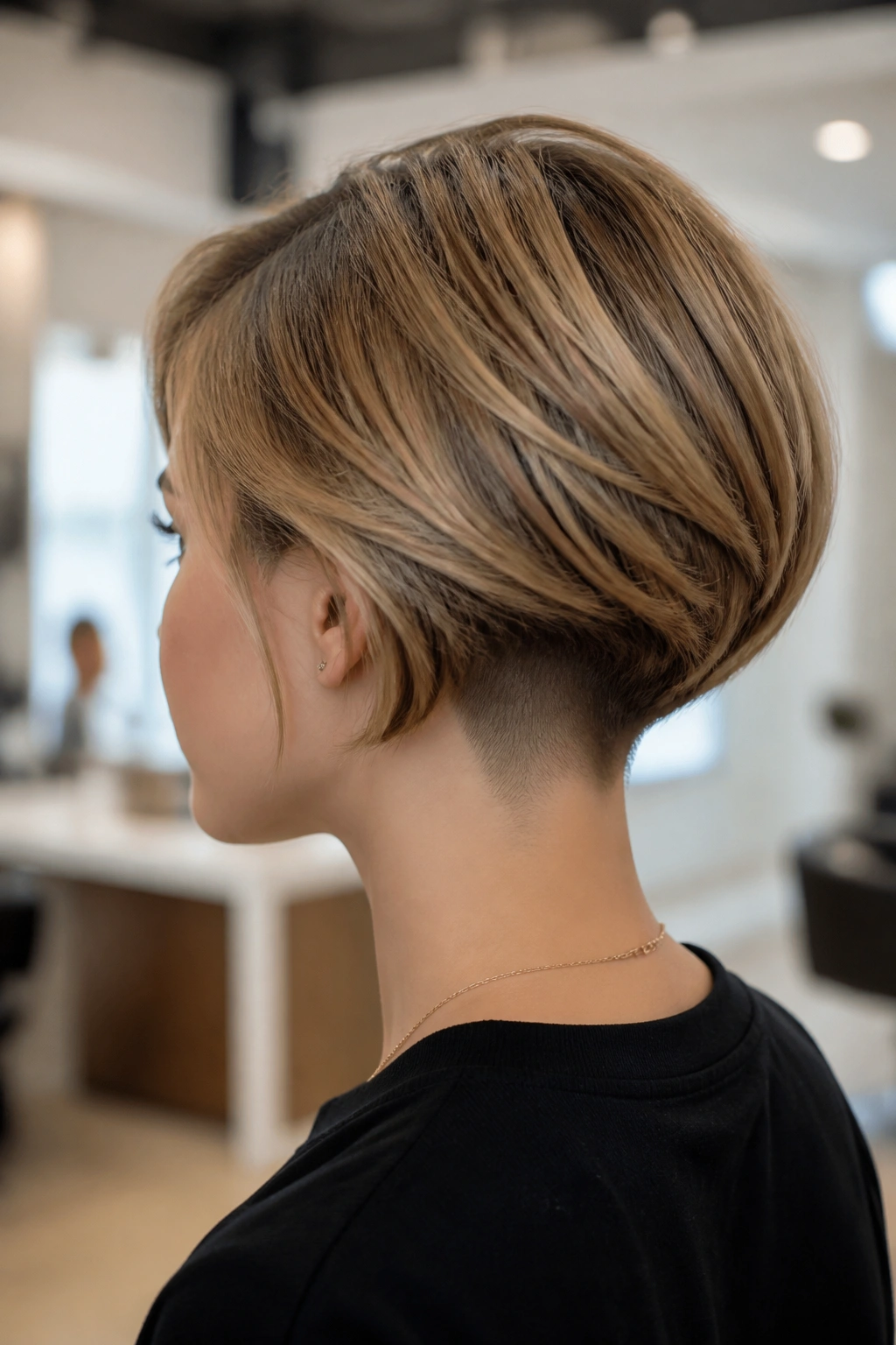 Portrait of real person with undercut nape bob hidden beneath top layer in a chic salon
