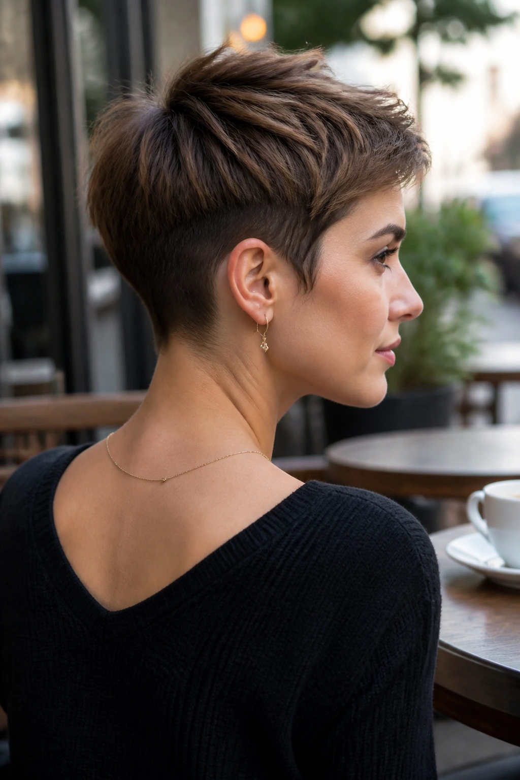 Portrait showing an undercut nape crop for lift.