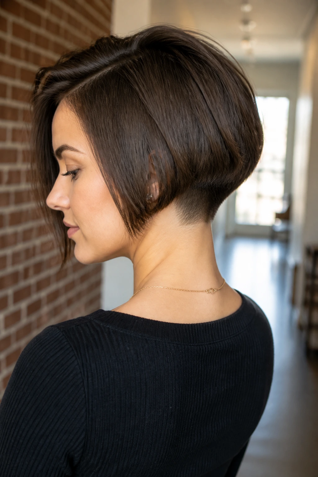 Close-up of a real woman showing hidden undercut at the nape of a graduated bob