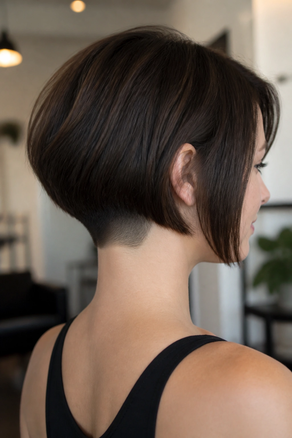 Back/side view of a real woman displaying undercut at the nape inverted bob