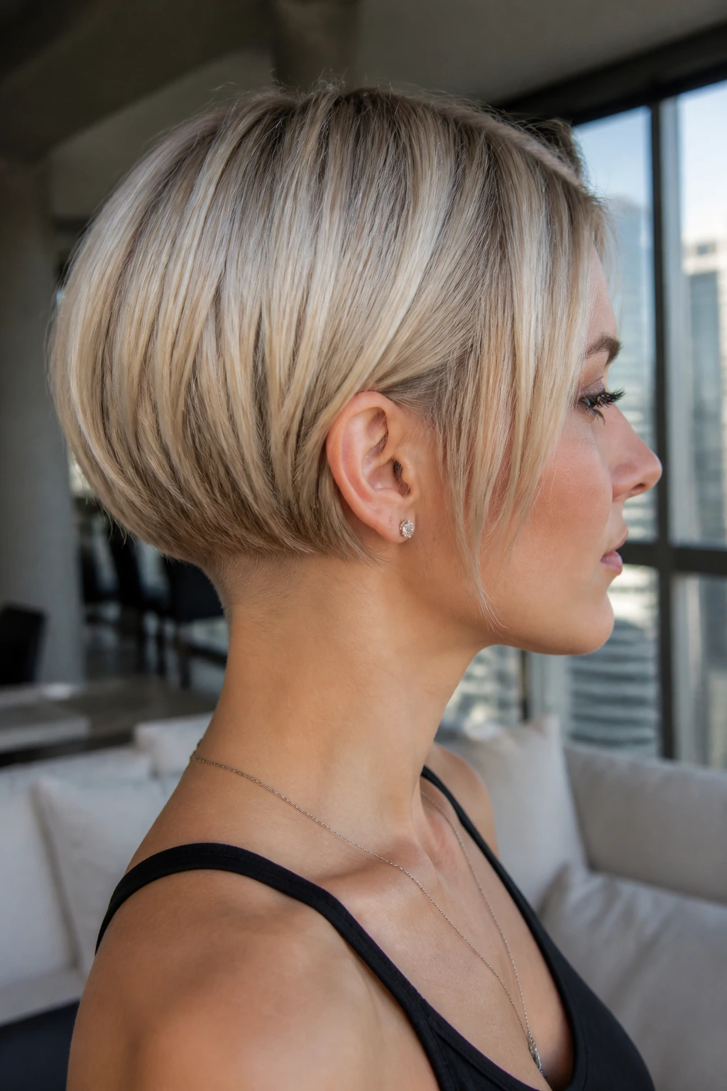 Side-profile portrait of real woman with cool blonde inverted bob and hidden undercut at the nape