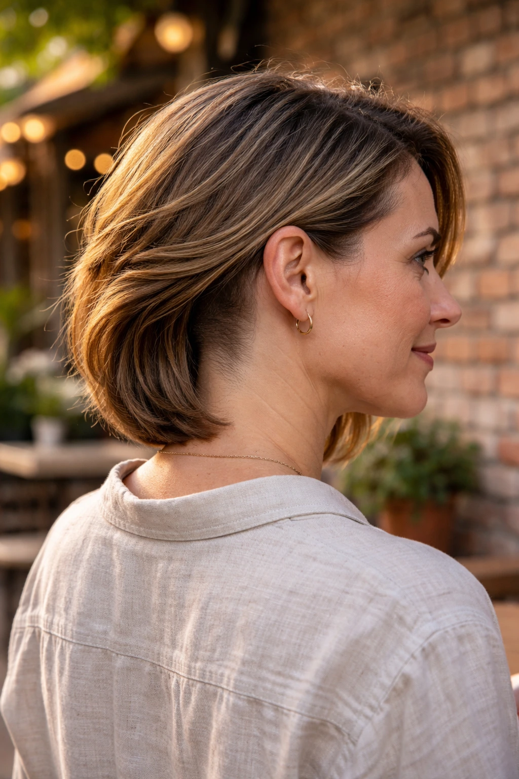 Profile of a woman showing a hidden undercut at the nape