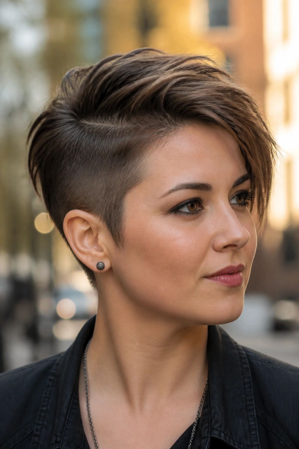 Close-up portrait of a real woman with an undercut pixie and long top layers in urban afternoon light.