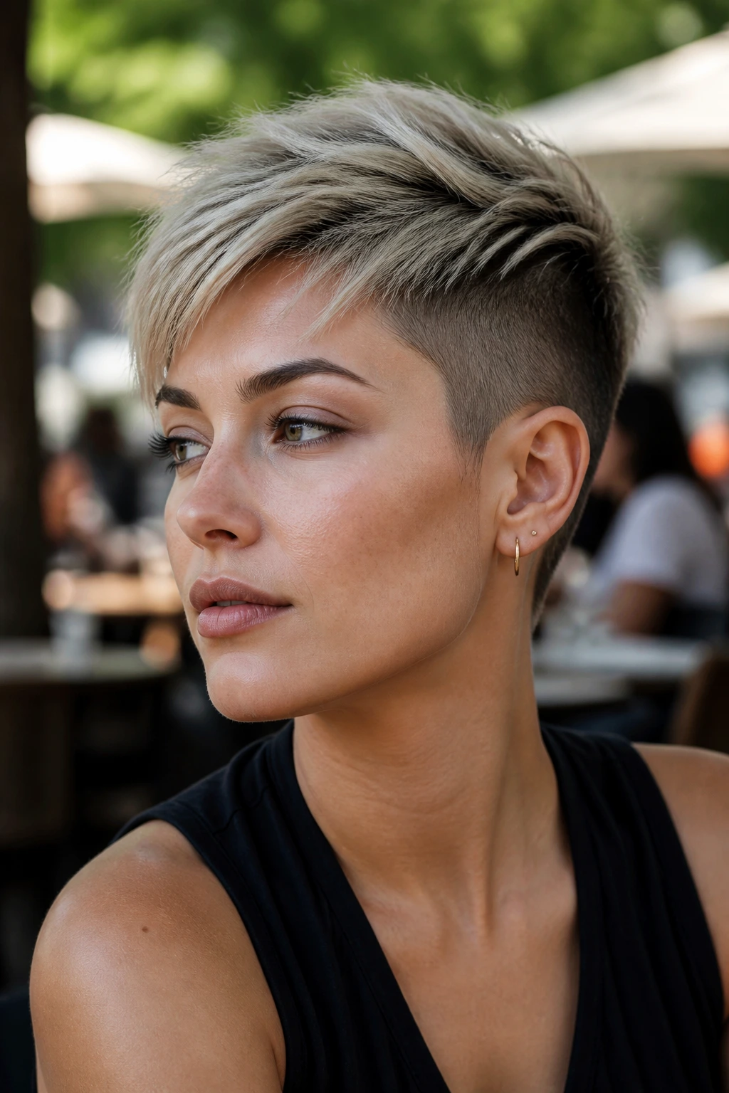 Undercut pixie hairstyle on real woman, shaved sides with longer top