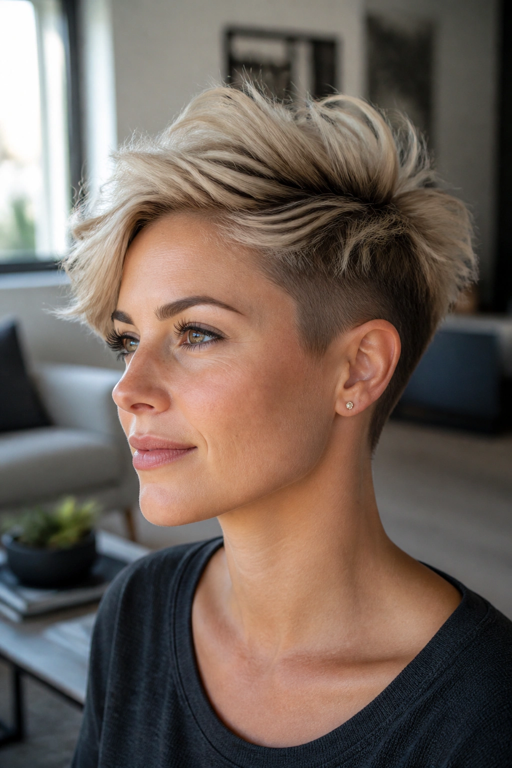 Real woman with undercut pixie and airy top in bright living room