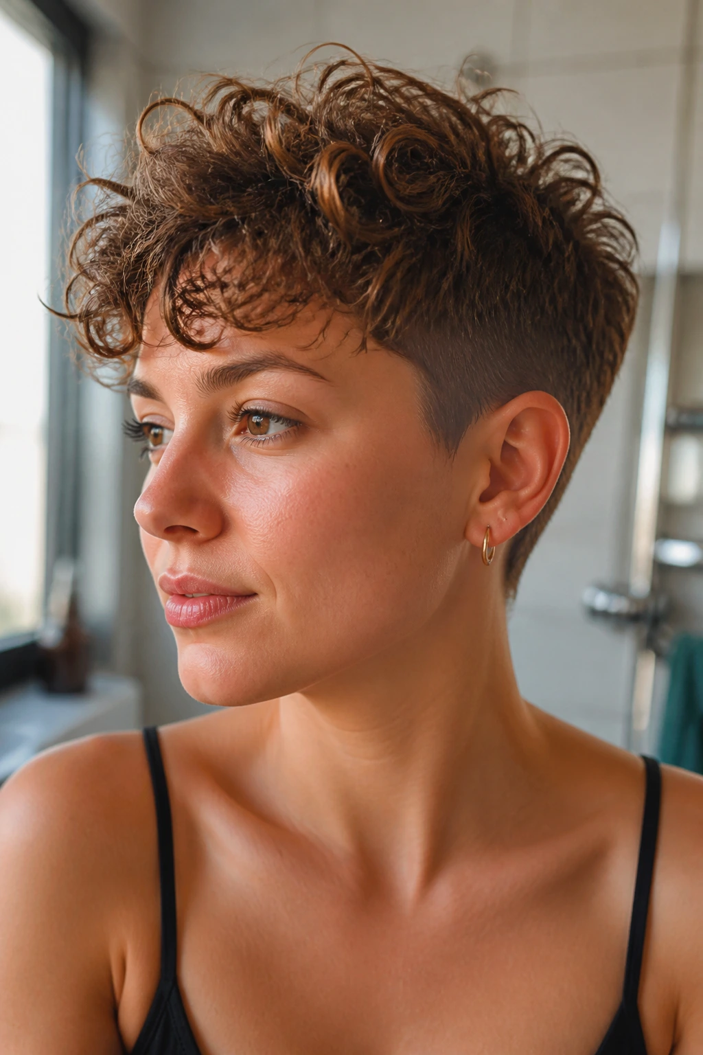 Close-up of a real person with an undercut curly pixie and airy top