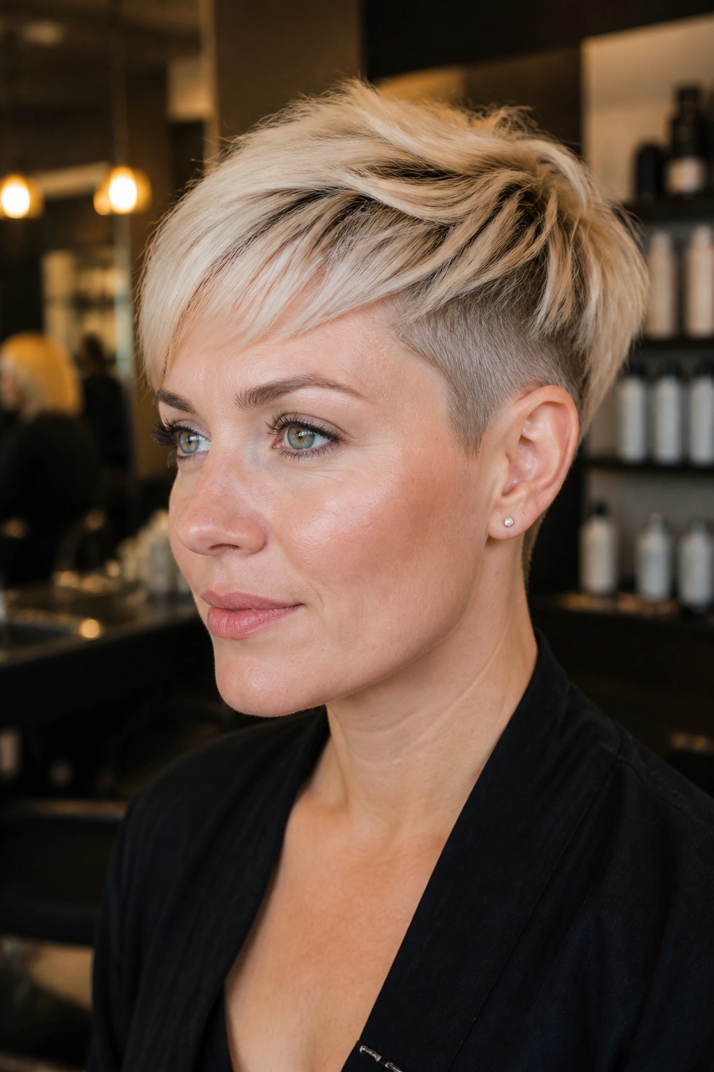 Close-up portrait of a real woman showing a subtle undercut blonde pixie with reading top layers