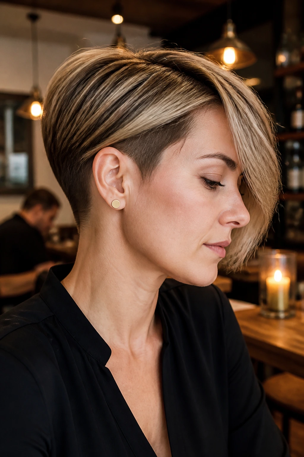 Portrait of a woman with an undercut pixie bob showing subtle undercut under the longer top