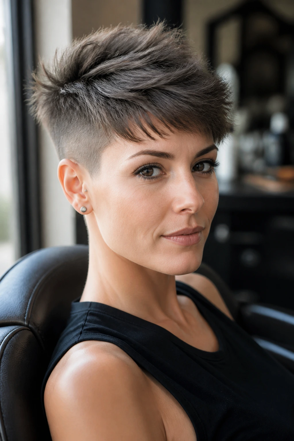 Close-up portrait of a real woman with an undercut pixie hairstyle in a sunlit salon