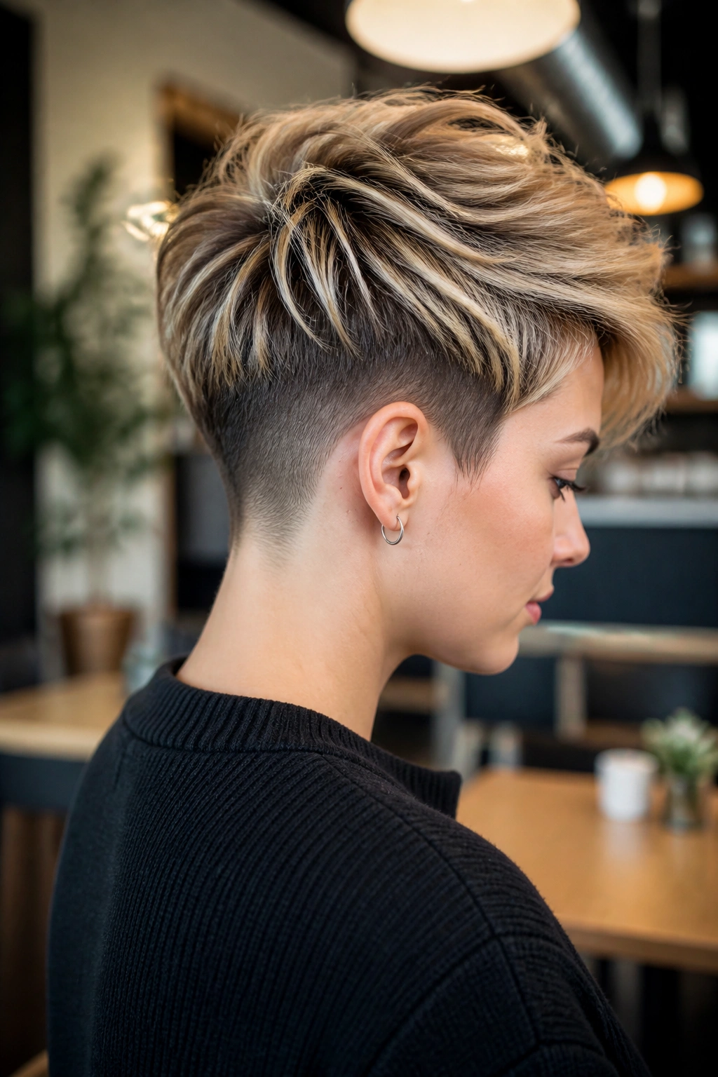 Close-up portrait of a real person with undercut pixie and airy crown