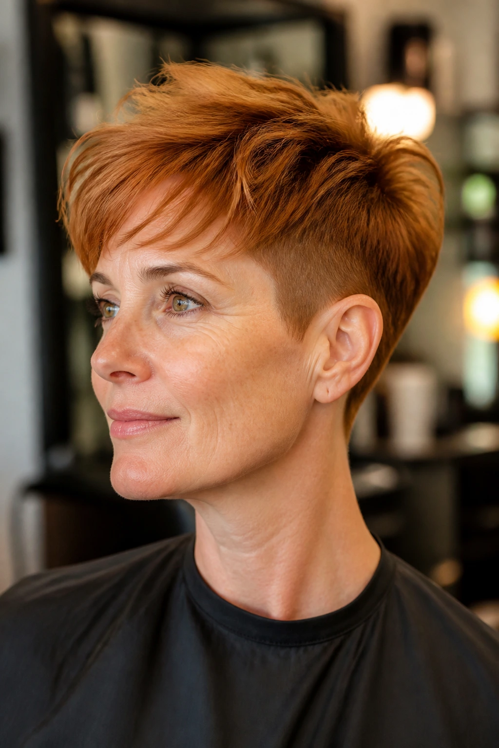 Close-up of real woman with an undercut pixie and soft crown