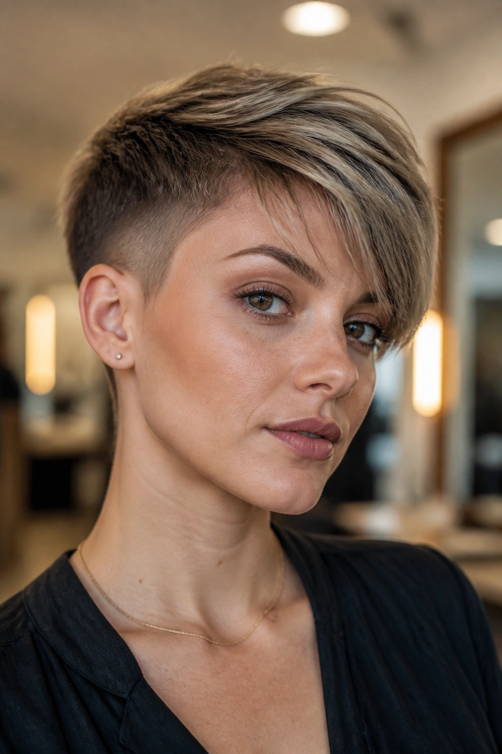 Close-up of a real woman with an undercut pixie and long crown fringe