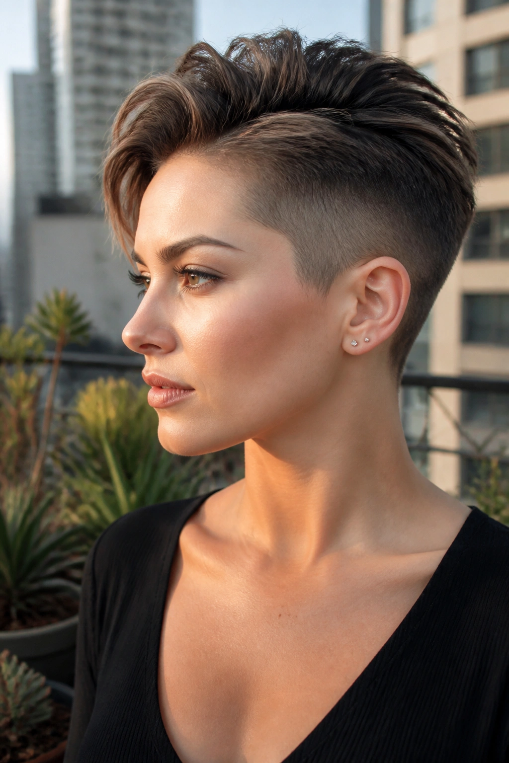 Real woman with an undercut pixie and lifted crown, viewed from the side.