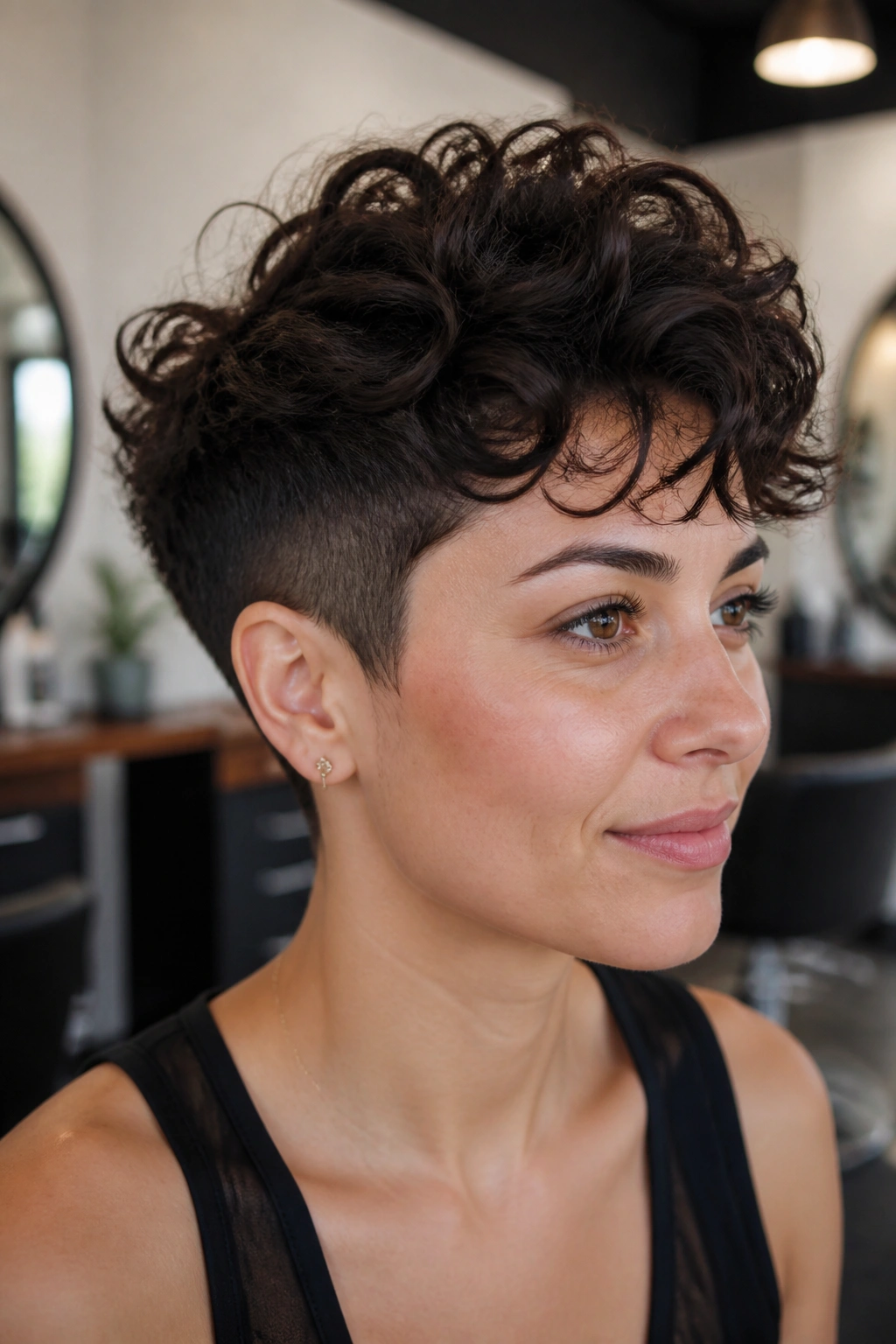 Real woman with undercut curly pixie and soft top volume