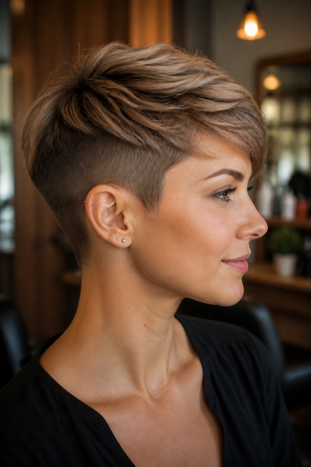 Close-up of a real woman with an undercut pixie feathered top in a salon