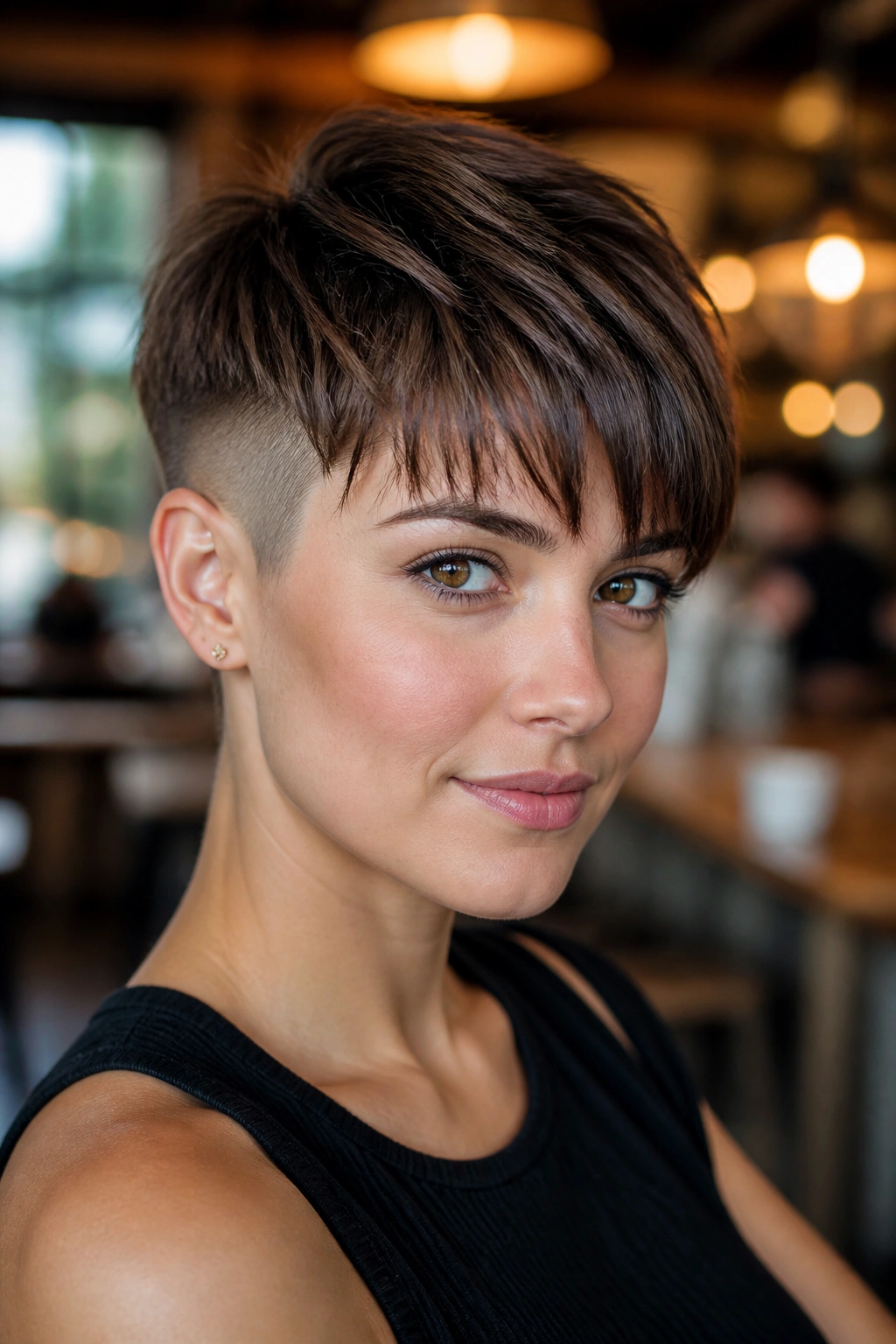 Portrait of a real person with an undercut pixie and soft fringe in warm cafe lighting.
