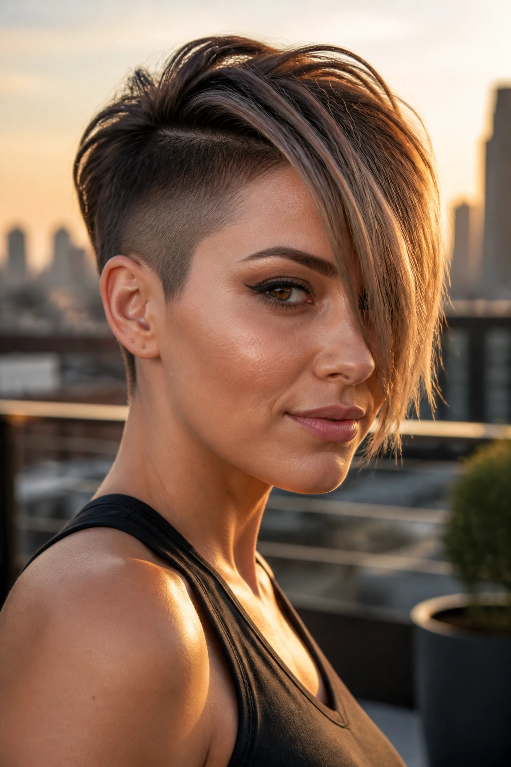 Close-up of a woman with an undercut pixie and long fringe