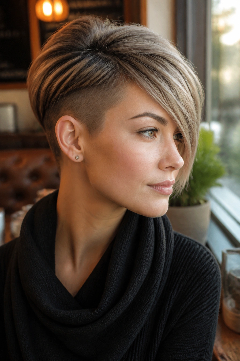 Close-up portrait of a real woman with an undercut pixie and long side fringe in a warm cafe setting