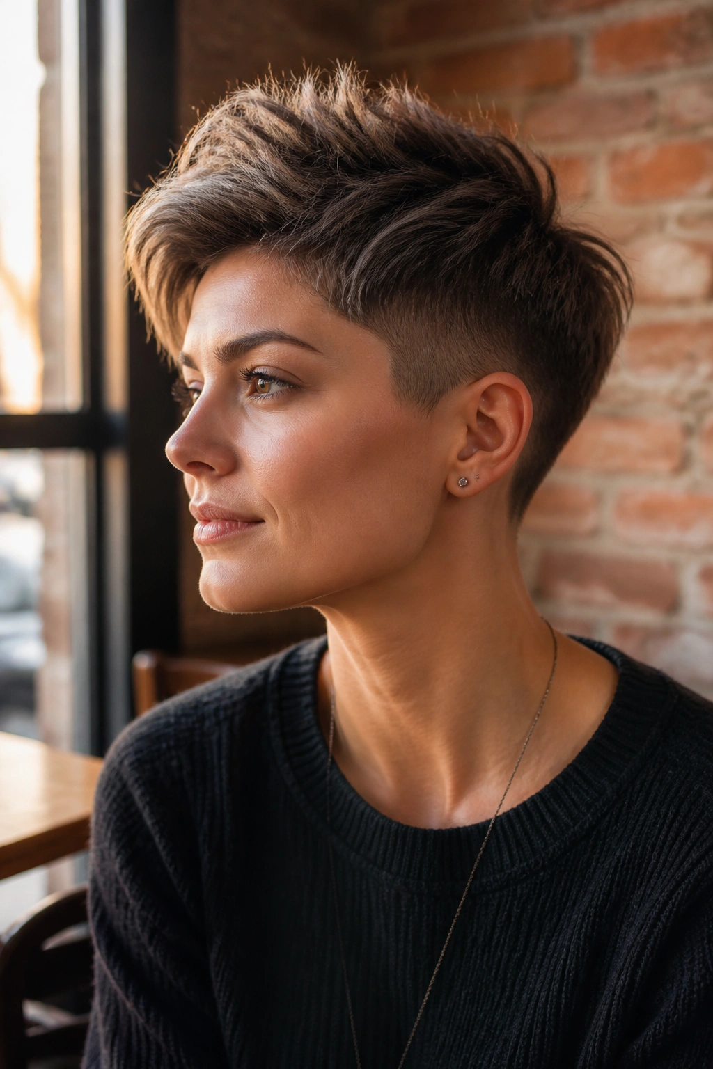 Close-up portrait of a real woman with an undercut pixie and top-volume styling.