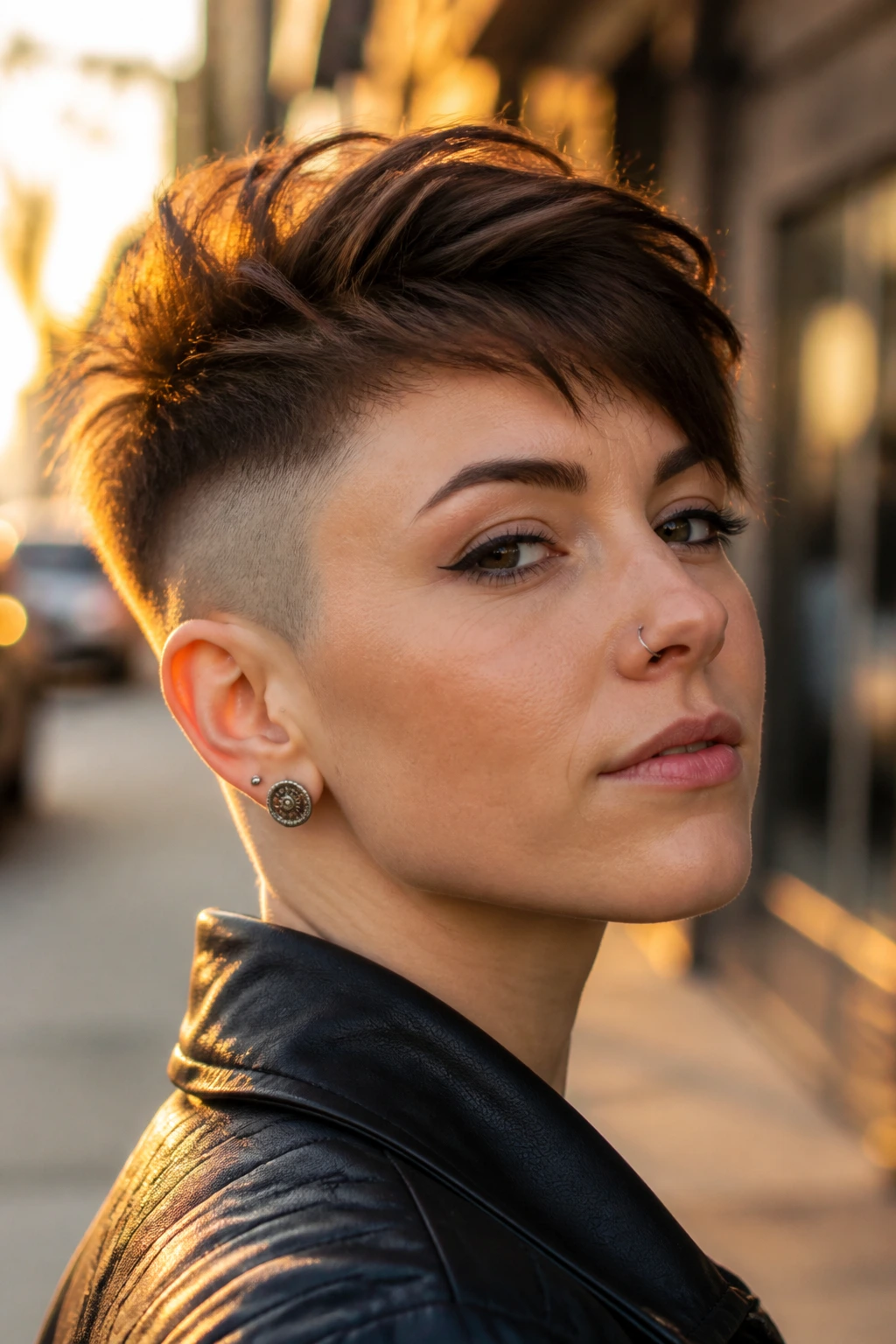 Close-up of a real woman with an undercut pixie showing shaved sides and textured top.