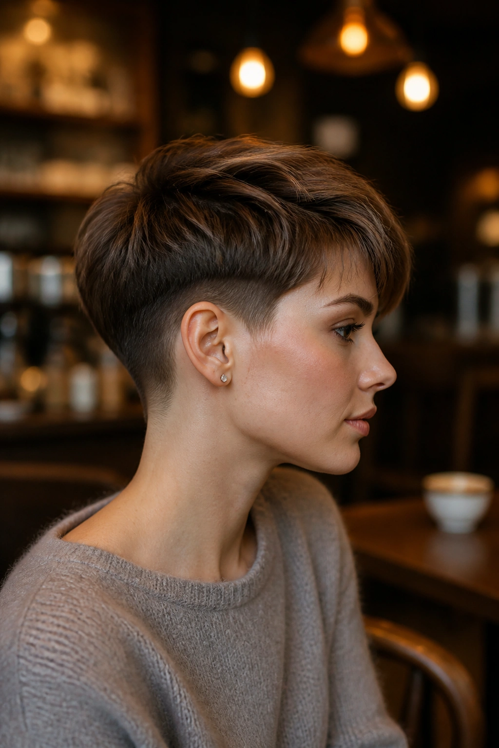 Side-profile of a real girl with soft undercut pixie in a cafe