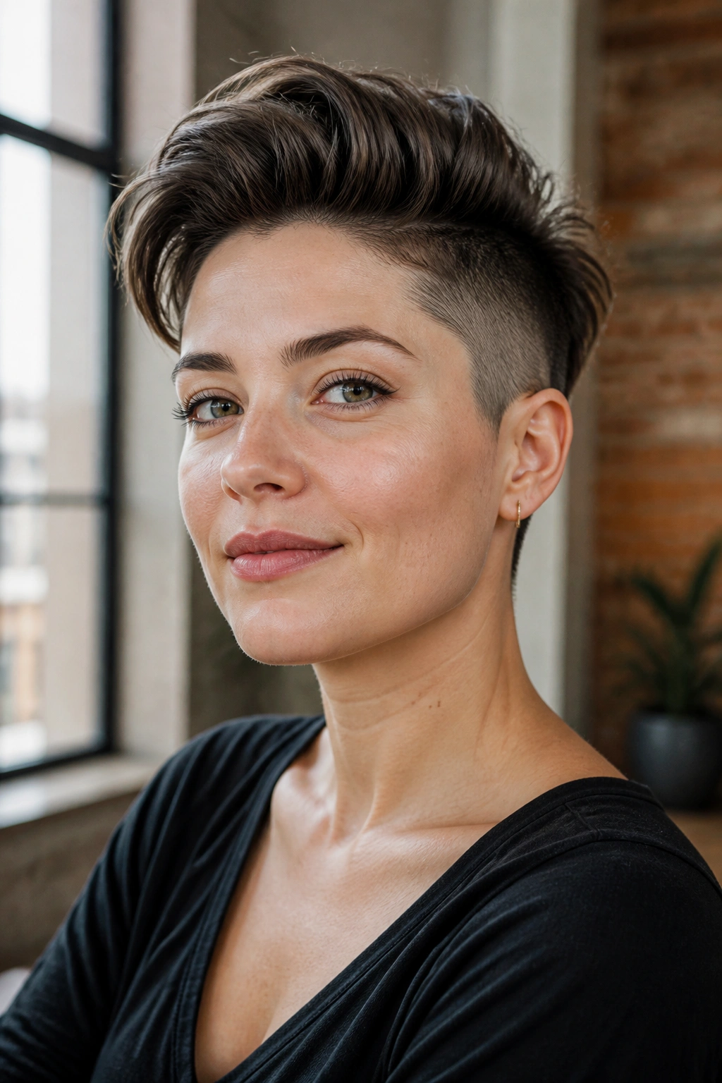 Close-up of a real person with an undercut pixie and tall top in natural light.