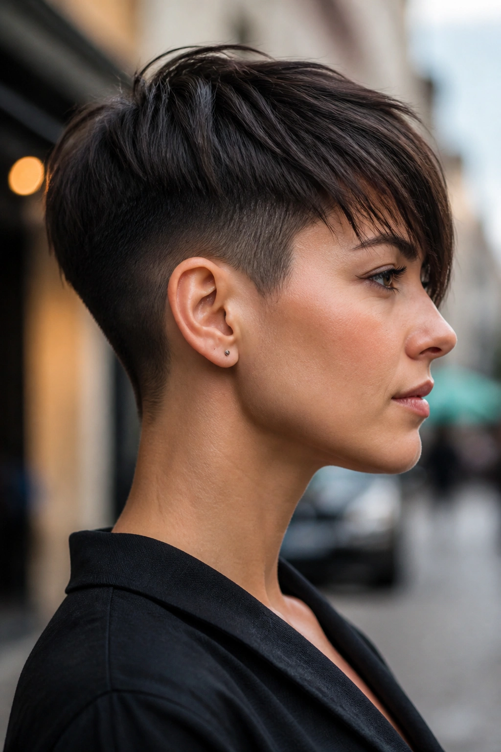 Side-profile portrait of a real person with an undercut pixie hairstyle